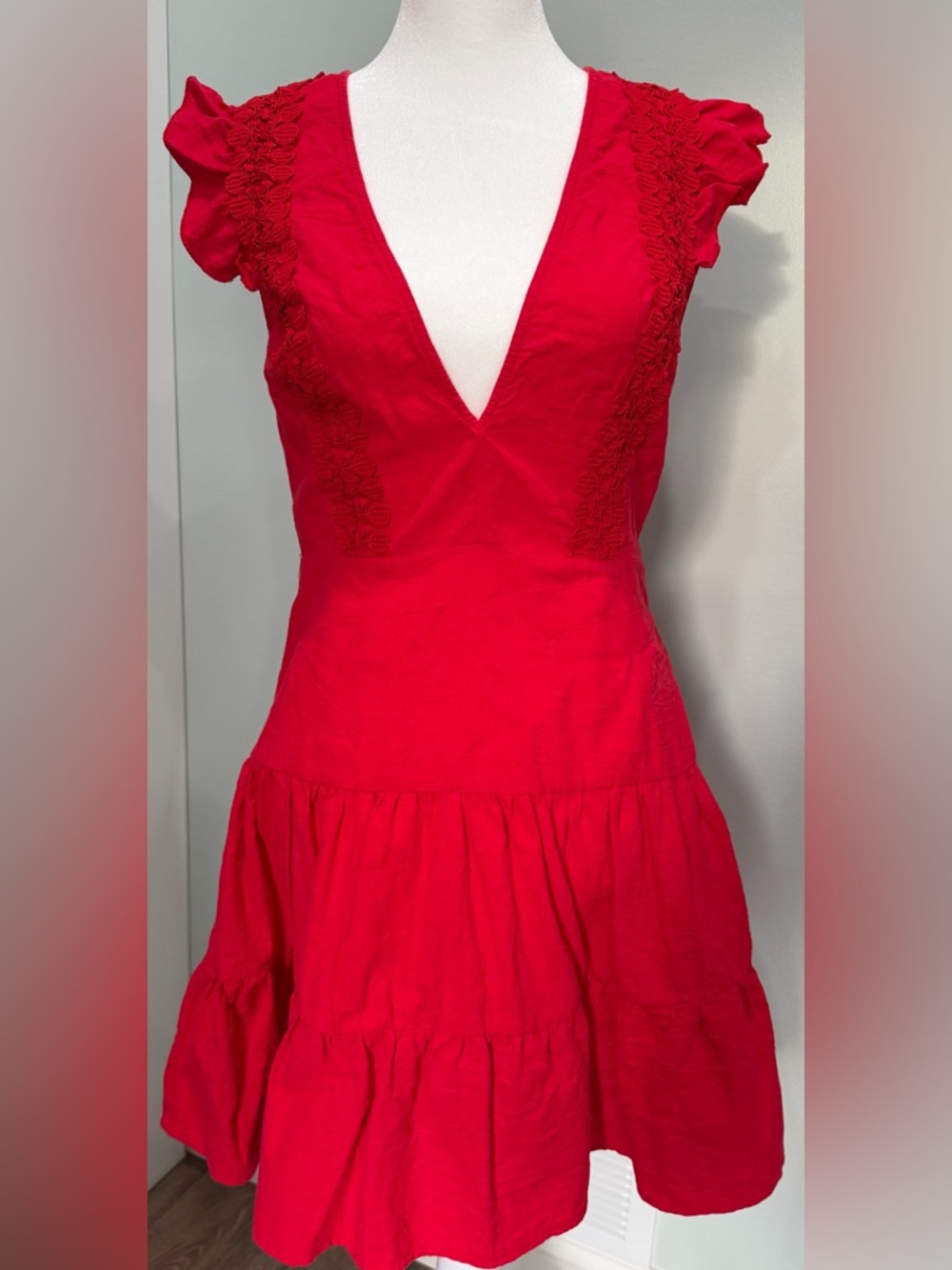 Red V-Neck Mini Dress with Lace Trim